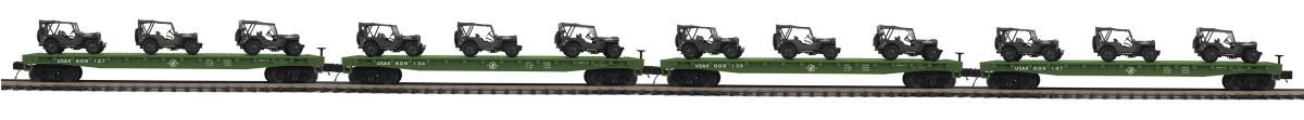 MTH O US Army Flatcar 4pk w/(3) Willys Jeeps/Olive 1/48 - MTH2092355