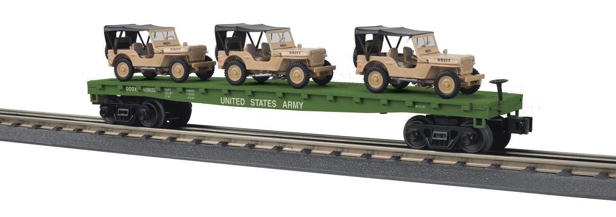 MTH O US Army Flatcar w/(3) Willys Jeeps/Desert 1/48 - MTH3076887