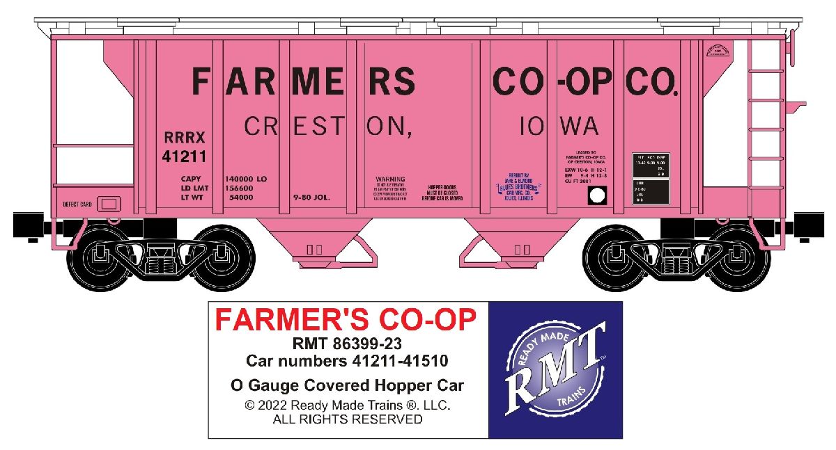 Ready Made Trains O Scale Farmers Coop 2 Bay Covered Hopper Car RRRX #41211 - RMT8639923