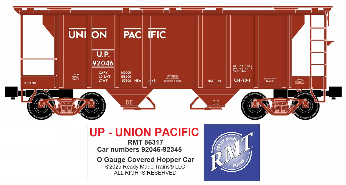 Ready Made Trains O Scale Union Pacific 2 Bay Covered Hopper Car - RMT86317