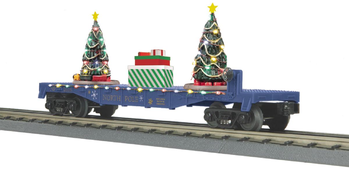 MTH O North Pole Flat Car w/Lighted Christmas Trees Blue 1/48 - MTH3078604