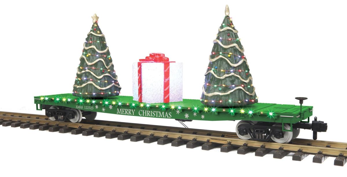 MTH G Christmas Flatcar w/Trees & LED's green 1/32 - MTH7076074