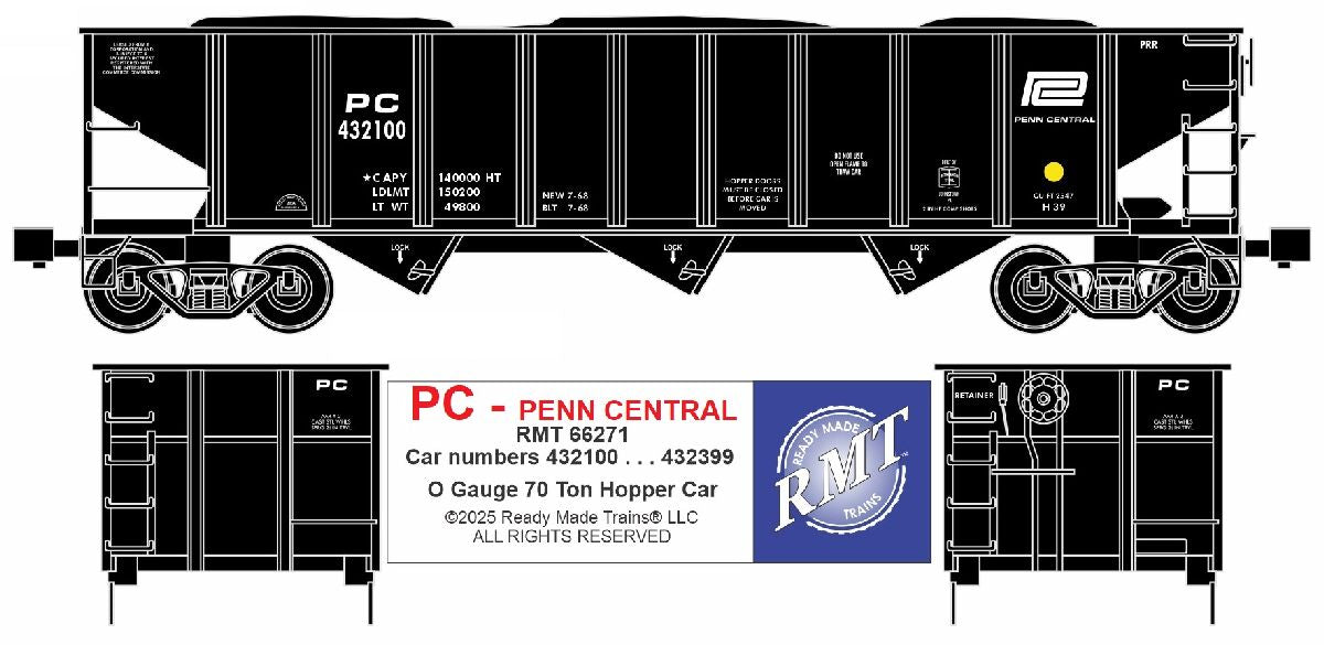 Ready Made Trains O Scale Penn Central 3 Bay 70 Ton Hopper Car PC #432100 - RMT66271