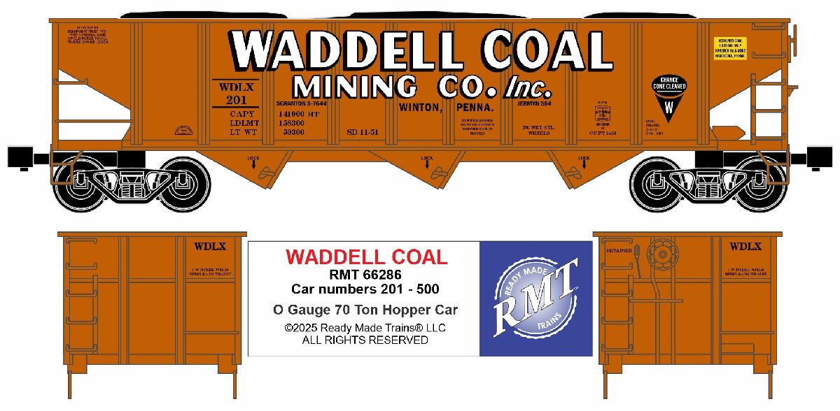 Ready Made Trains O Scale Waddell 3 Bay 70 Ton Hopper Car WDLX #201- RMT66286