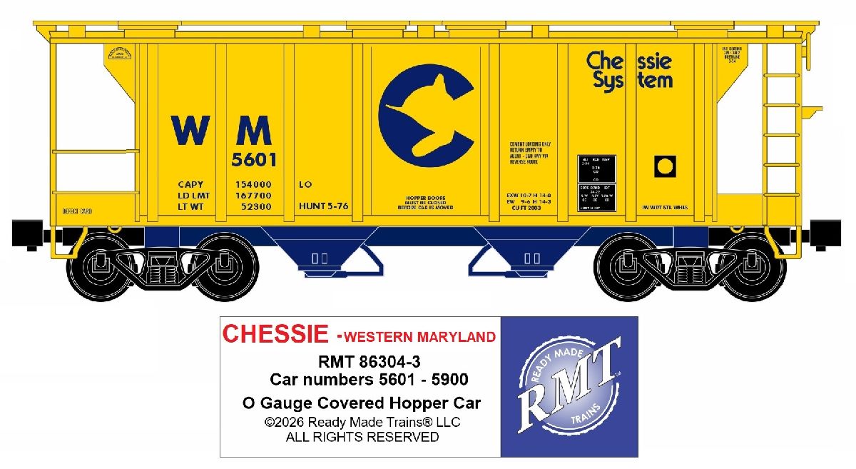Ready Made Trains O Scale Chessie Covered Hopper Car WM #5601- RMT863043