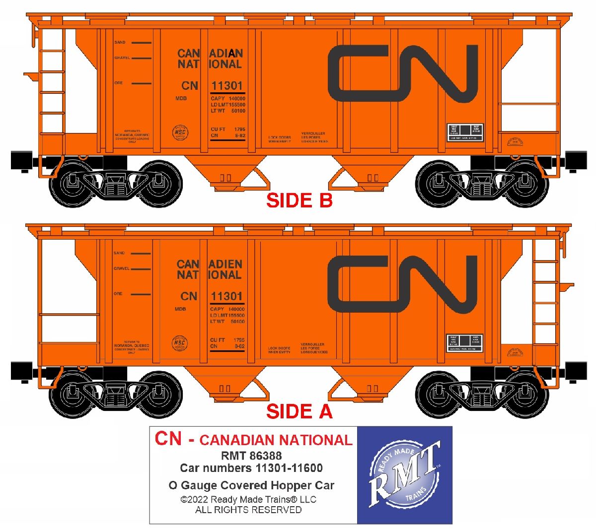 Ready Made Trains O Scale Canadian National 2 Bay Covered Hopper Car CN #11301 - RMT86388
