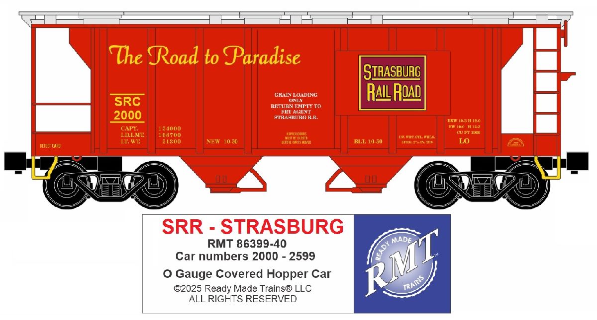 Ready Made Trains O Scale Strasburg 2 Bay Covered Hopper Car SRC #2000 - RMT8639940