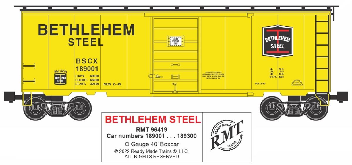 Ready Made Trains O Scale Bethlehem Steel 40' Boxcar BSCX #189001 - RMT96419